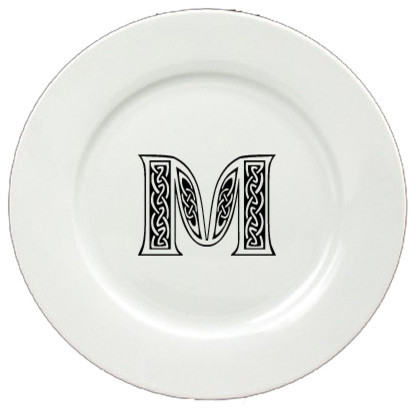 Letter M Initial Monogram Celtic Ceramic White Dinner Plate CJ1059-M-DPW-11