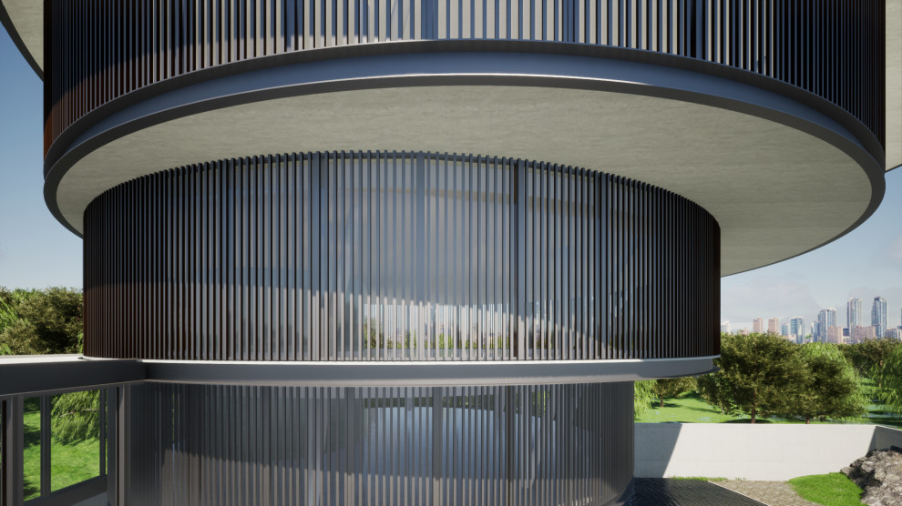 Idee per la facciata di una casa grande moderna a quattro piani con rivestimento in metallo e con scandole