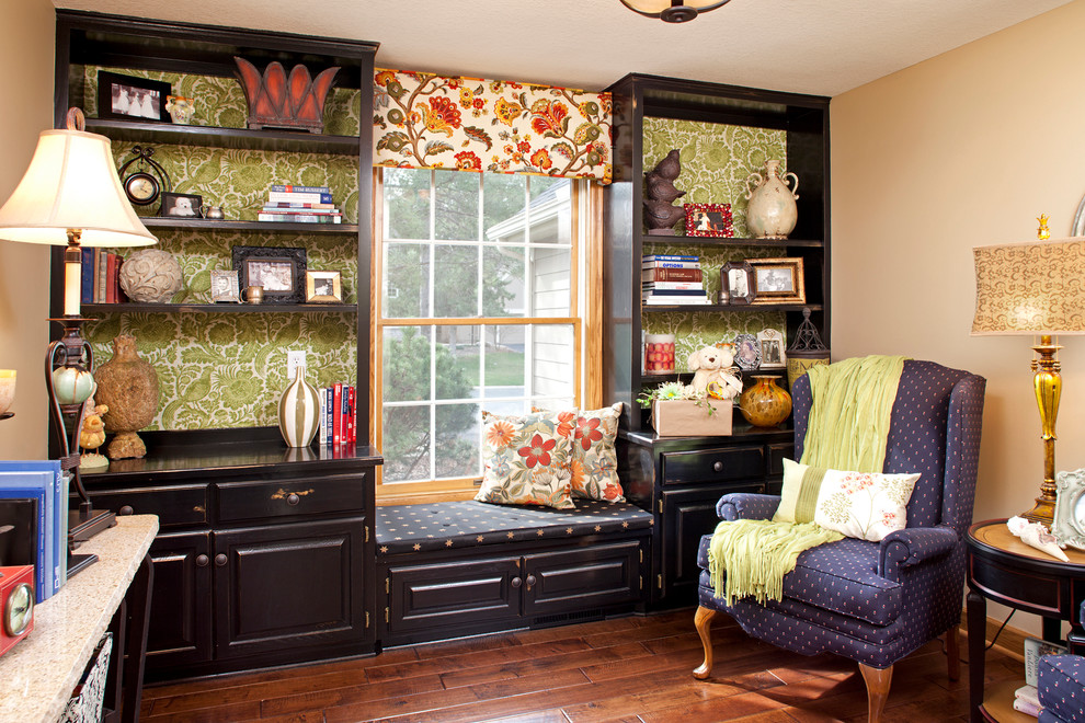 Design ideas for a traditional home office in Minneapolis with beige walls and dark hardwood floors.
