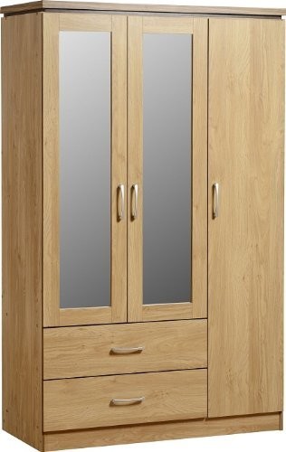 Modern Wardrobe, Walnut Finished MDF With 2-Mirrored Door and 2-Drawer