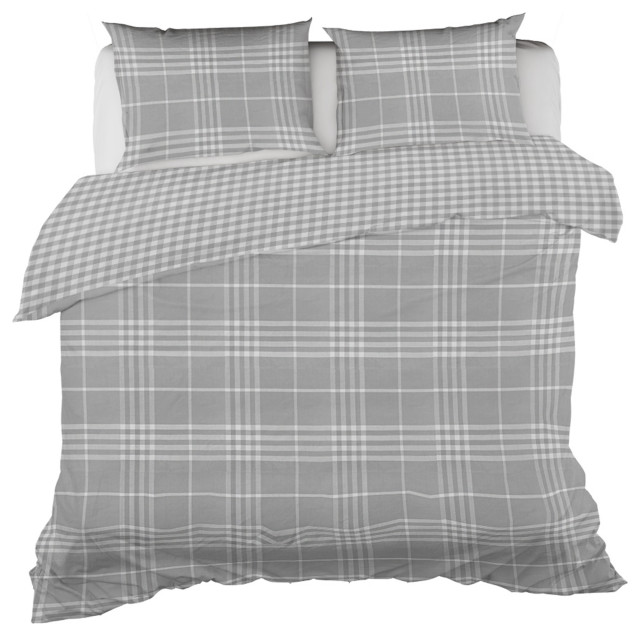 Banbury Plaid Grey Duvet Cover Set Queen (88"x92") with 2 Pillow Shams