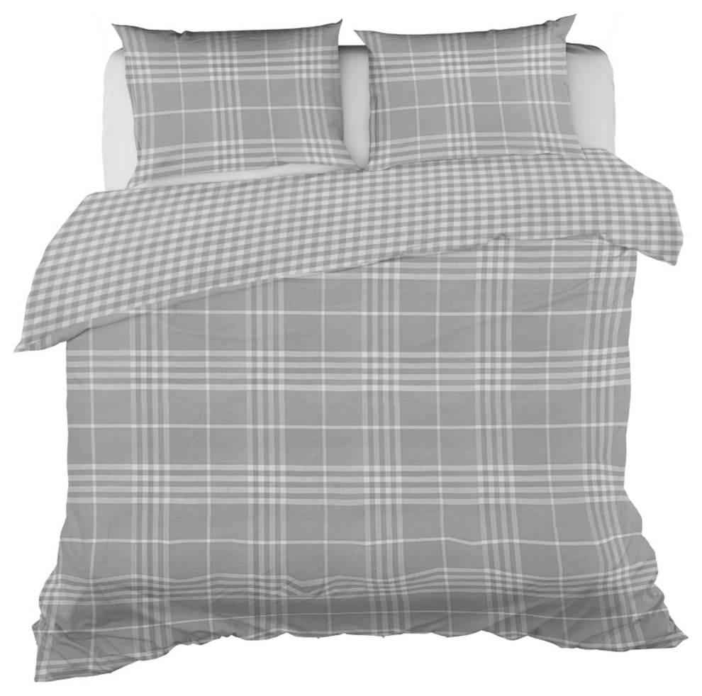 Banbury Plaid Grey Duvet Cover Set Queen (88"x92") with 2 Pillow Shams Farmhouse Duvet