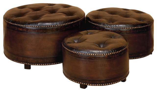 Set of 3 Dark Brown Round Leather Ottoman Footstools