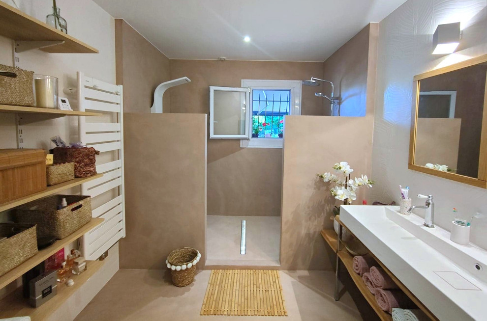 This is an example of a mid-sized contemporary master bathroom in Bordeaux with a double shower, white tile, ceramic tile, concrete floors, a console sink, wood benchtops, beige floor and a double vanity.