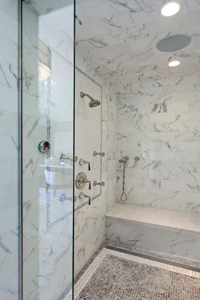 Contemporary bathroom in Other with an alcove shower, white tile and a shower seat.