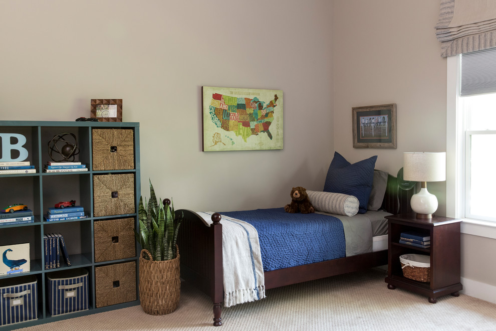 Design ideas for a mid-sized transitional kids' bedroom for kids 4-10 years old and boys in Nashville with carpet, beige floor and beige walls.
