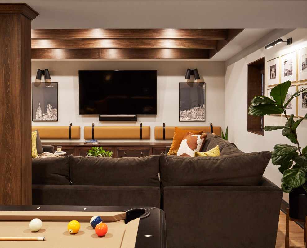 Inspiration for a transitional fully buried basement in Chicago with grey walls, vinyl floors, brown floor and wood.