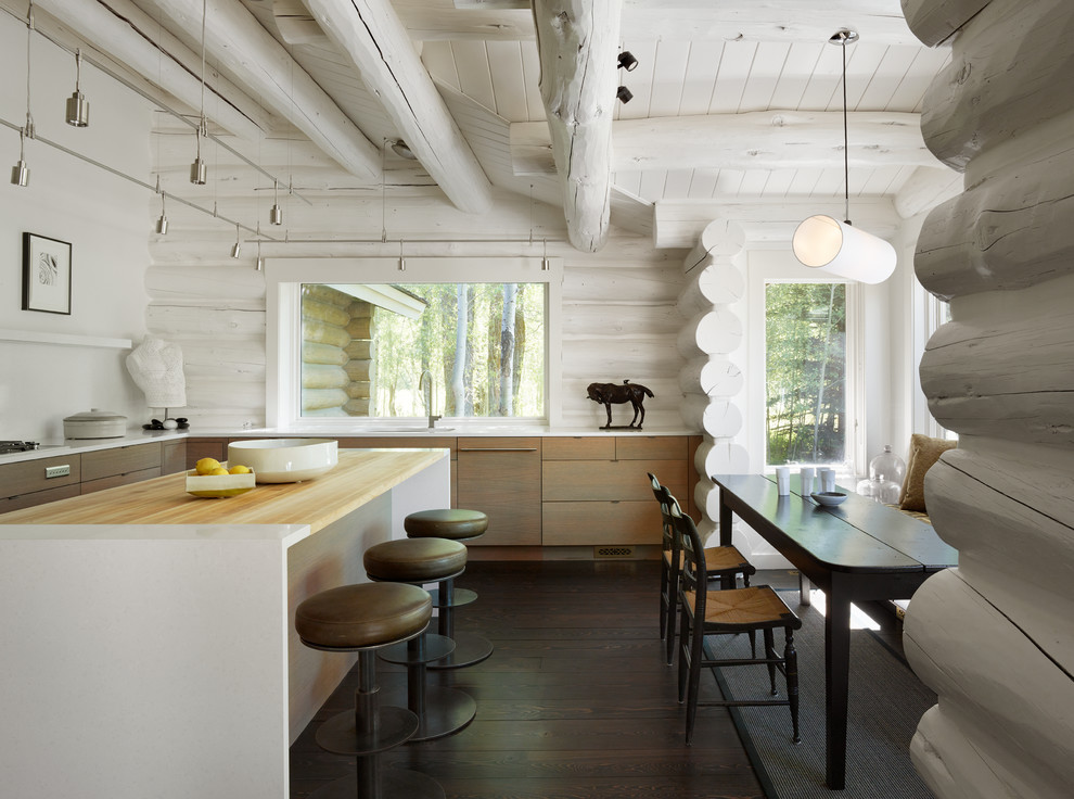 Inspiration for a country eat-in kitchen in Other with an undermount sink, flat-panel cabinets, medium wood cabinets, dark hardwood floors and with island.