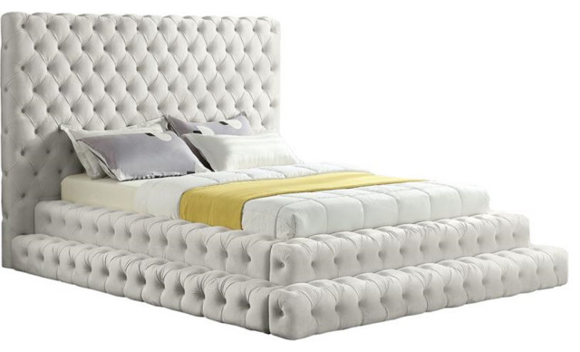 Maklaine Modern / Contemporary Cream Finish Velvet Queen Bed, Queen ...