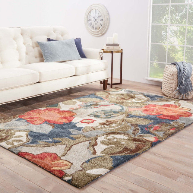 Floral and Leaves Pattern Wool and Art Silk Blue Area Rug, Dress Blues