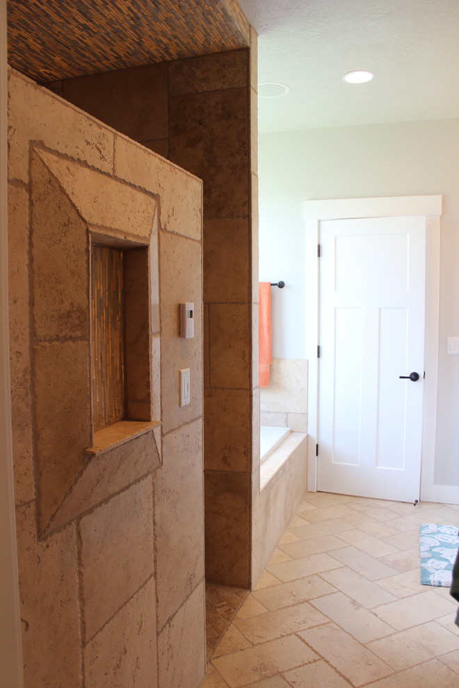 This is an example of a large arts and crafts master bathroom in Salt Lake City with an undermount sink, shaker cabinets, white cabinets, granite benchtops, an alcove tub, a curbless shower, a two-piece toilet, beige tile, ceramic tile, grey walls and ceramic floors.