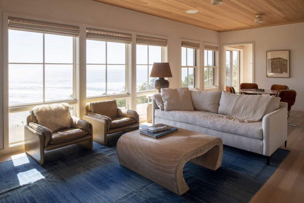 Пример оригинального дизайна: гостиная комната в морском стиле с светлым паркетным полом и деревянным потолком