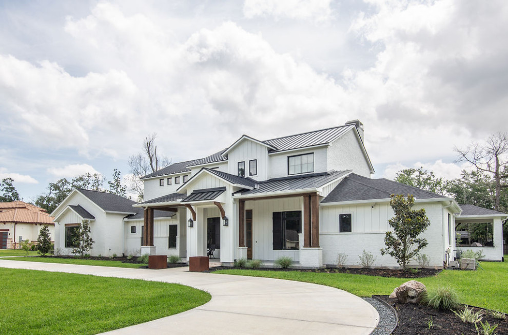 Painted Brick and Board and Batten Modern Farmhouse Farmhouse