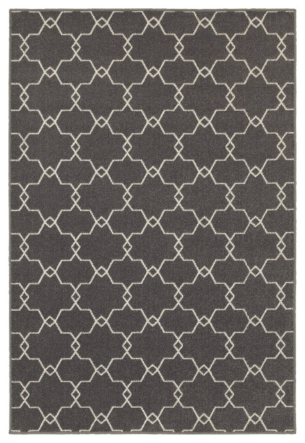 Hermosa Indoor and Outdoor Geometric Trellis Gray and Ivory Rug, 9'10"x12'10"