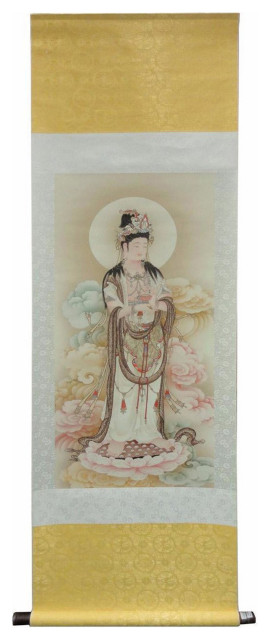 Chinese Hand Painted Lotus Kwan Yin Motif Scroll Painting HJZ190