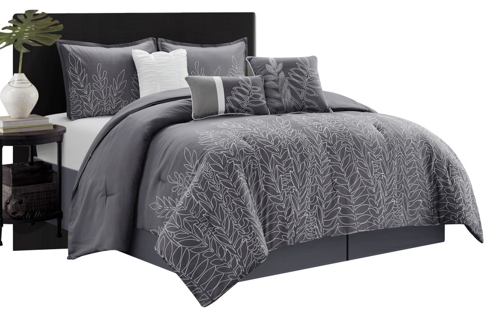 Alicia 7Piece Bedding Comforter Set, Grey, Queen Contemporary
