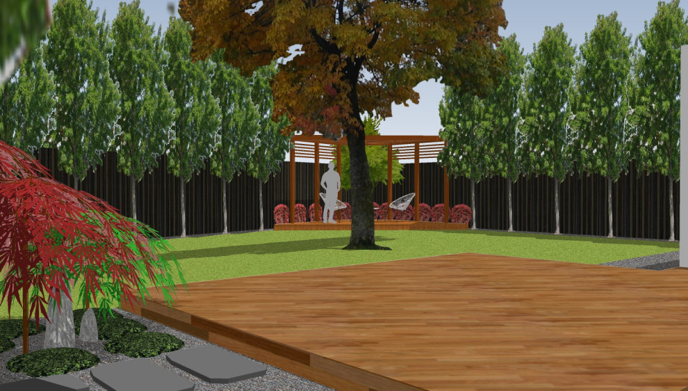Design ideas for a mid-sized asian backyard full sun formal garden in Melbourne with decking.