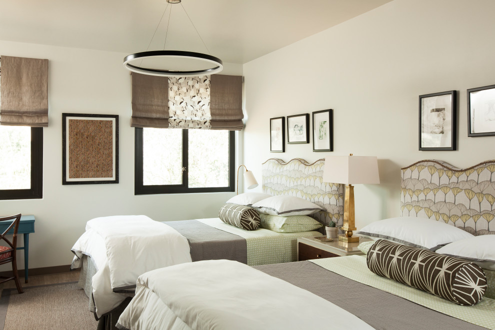 Inspiration for a large transitional guest bedroom in San Francisco with no fireplace, brown floor and white walls.