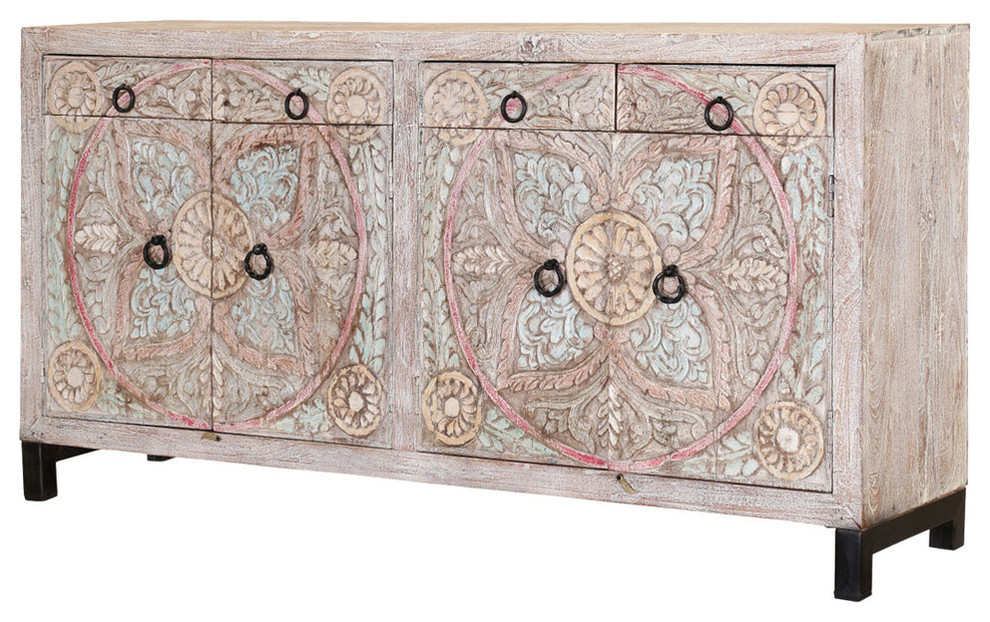 Turquoise Trail Frosted White Hand Carved 4 Drawer Large Sideboard