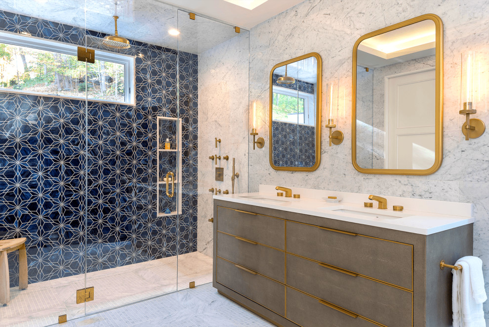 Medium sized retro bathroom in New York with a feature wall.
