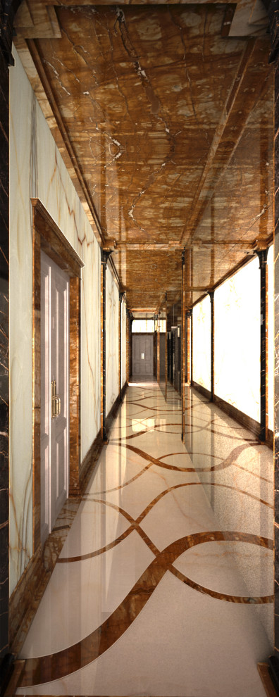 Идея дизайна: огромный коридор в стиле модернизм с разноцветными стенами, мраморным полом, разноцветным полом и кессонным потолком