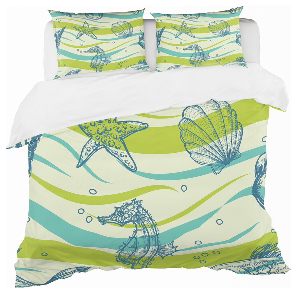 Underwater Sea Life, Sea Horse and Star Fish Coastal Duvet Cover Set -  Beach Style - Duvet Covers And Duvet Sets - by Design Art USA | Houzz