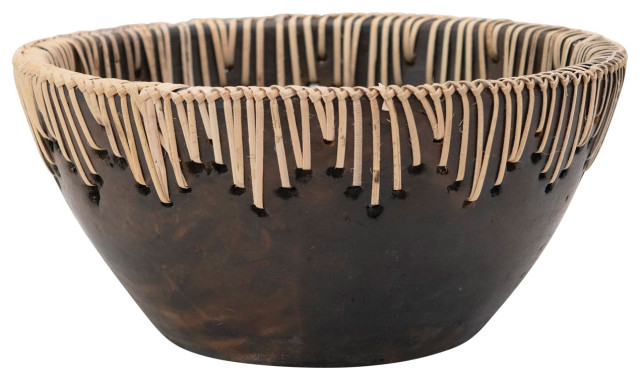 Decorative Terra-cotta Bowl With Rattan Stitching