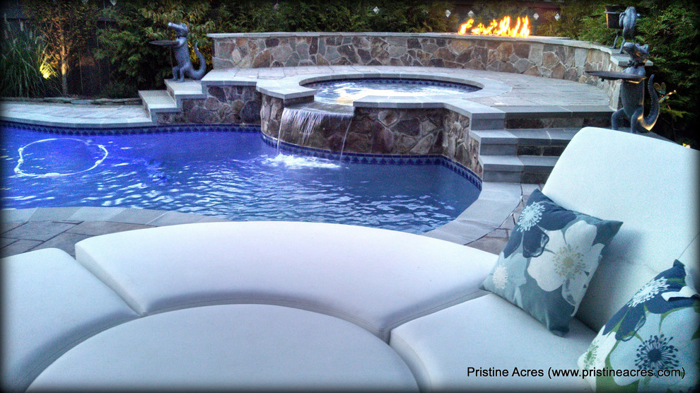 Huge transitional backyard concrete paver and custom-shaped natural pool fountain photo in DC Metro