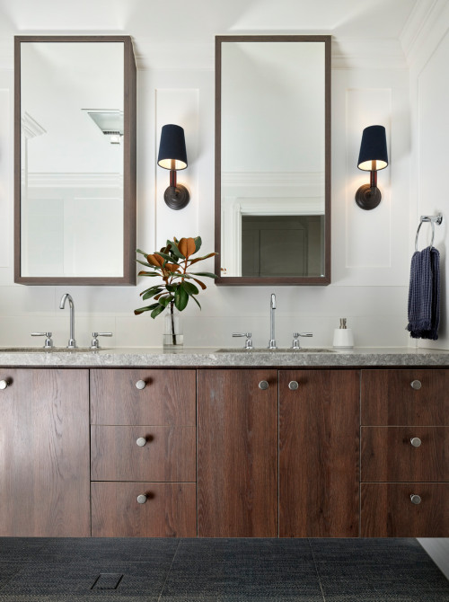 Dramatic Contrast: Dark Wood Vanity and Chrome Hardware for Bathroom Vanity Lighting Fixtures