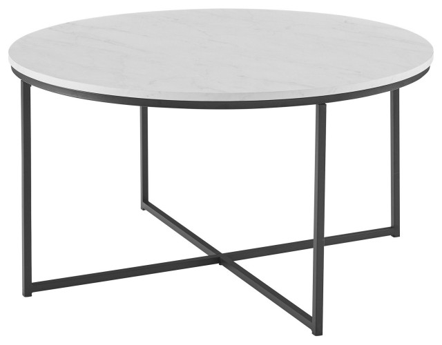 Modern Coffee Table, Crossed Black Metal Base & Round White Faux Marble