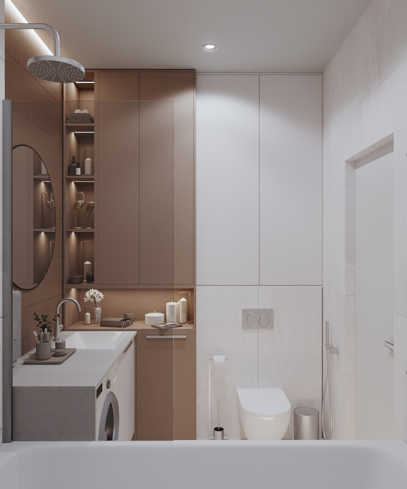 Свежая идея для дизайна: маленькая главная, серо-белая ванная комната в современном стиле с плоскими фасадами, инсталляцией, коричневой плиткой, керамогранитной плиткой, белыми стенами, полом из керамогранита, врезной раковиной, белым полом, шторкой для ванной, белой столешницей, гигиеническим душем, тумбой под одну раковину и подвесной тумбой для на участке и в саду - отличное фото интерьера