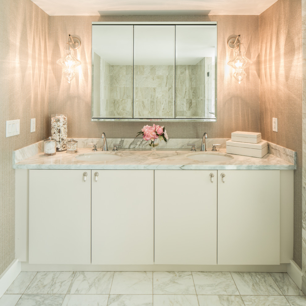 Design ideas for a mid-sized transitional master bathroom in Boston with flat-panel cabinets, white cabinets, gray tile, white tile, beige walls, an undermount sink and granite benchtops.