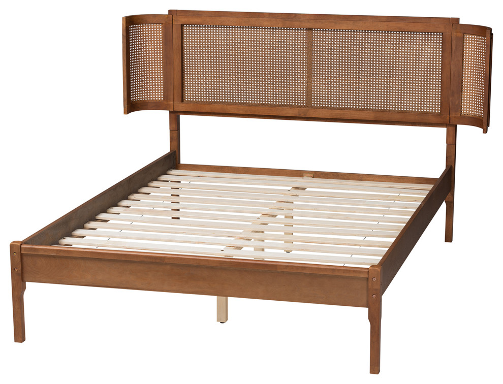 Quincy Natural Rattan Platform Bed, Queen Midcentury Platform Beds