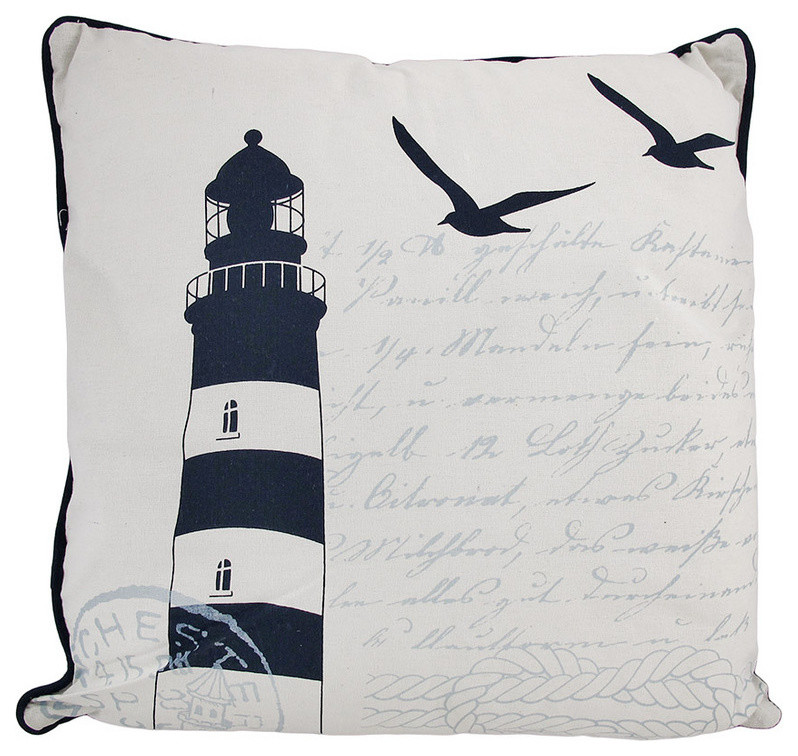 Navy Blue / White Lighthouse Print Canvas Throw Pillow 16 Inch