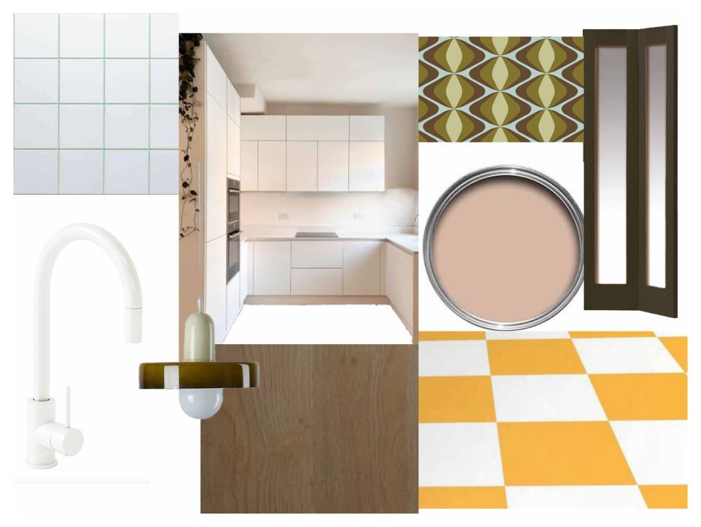 Nordisk inredning av ett litet vit vitt kök, med en undermonterad diskho, släta luckor, vita skåp, vitt stänkskydd, stänkskydd i keramik, vinylgolv, en halv köksö och orange golv