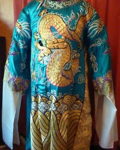 Antique Embroidered Chinese Dragon Robe by Lotus Woodcrafts