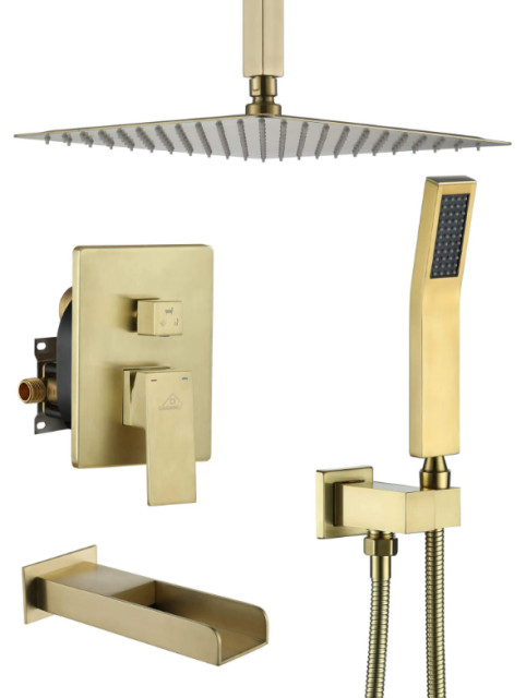 12 inch Ceiling Mount Rain Shower Head System with Cascading Tub Filler ...