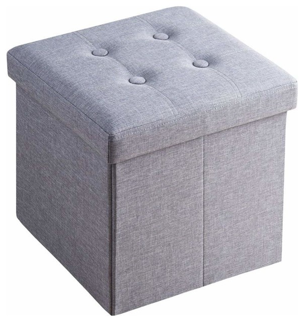 Foldable Ottoman Storage Box Upholstered, Grey Linen Fabric on MDF Frame