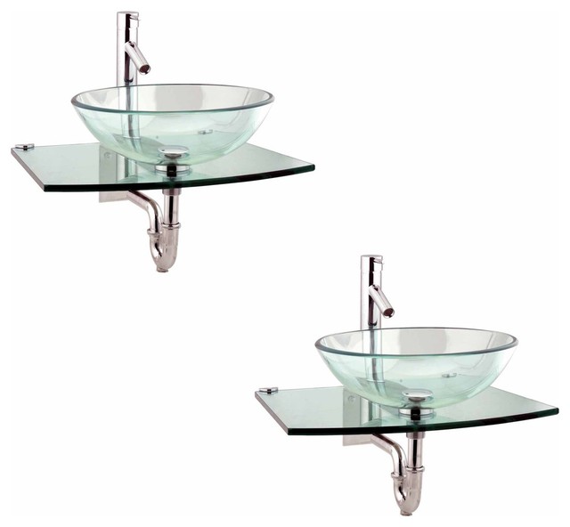 2 Unique Tempered Glass Wall Mount Vessel Sink Clear Durable Set of 2