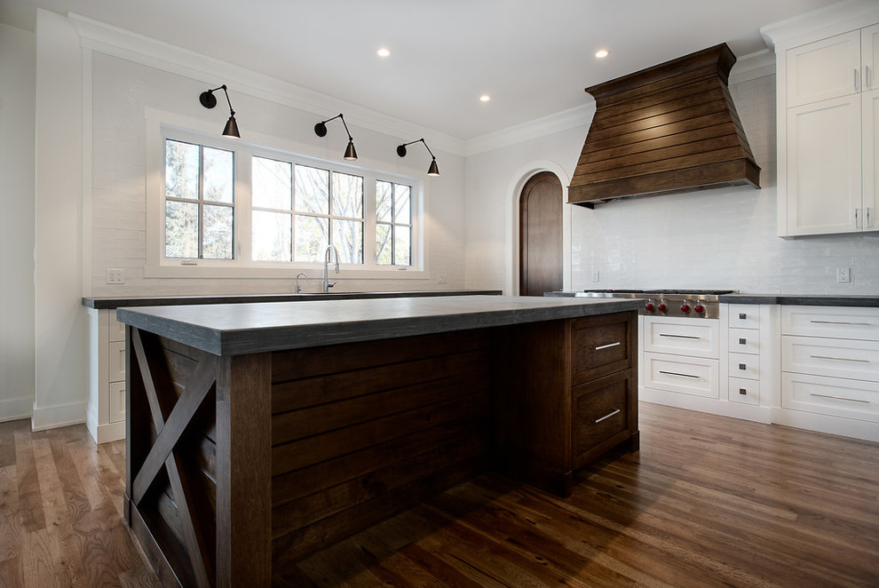 Inspiration for a large transitional u-shaped eat-in kitchen remodel in Calgary with shaker cabinets, paneled appliances and an island