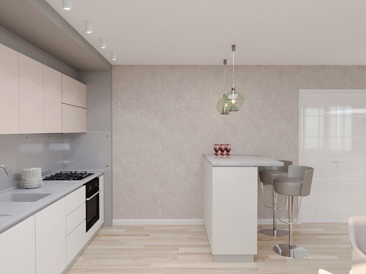 Кухня-гостиная в пудровых тонах