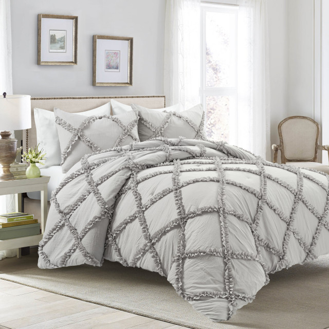 Ruffle Diamond Comforter Set Light Gray 3Pc Set King ...