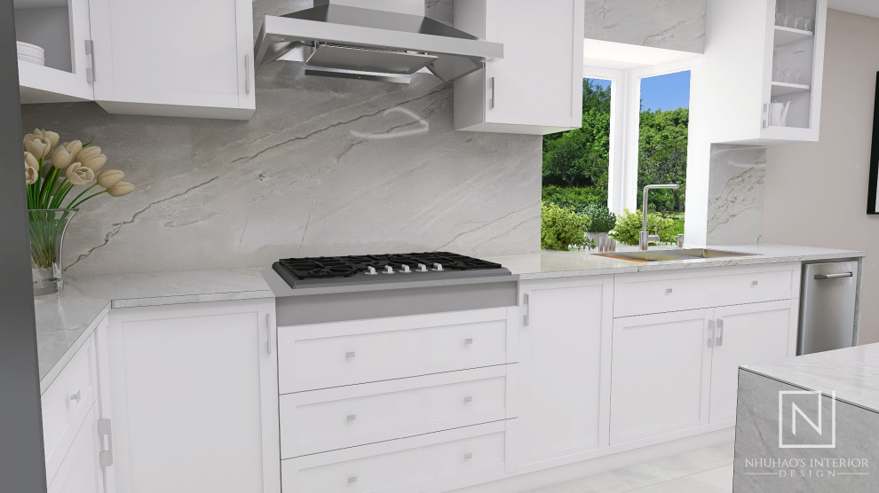 Design ideas for a mid-sized contemporary l-shaped eat-in kitchen in Orange County with an undermount sink, shaker cabinets, white cabinets, quartzite benchtops, grey splashback, stone slab splashback, stainless steel appliances, porcelain floors, with island, grey floor and grey benchtop.