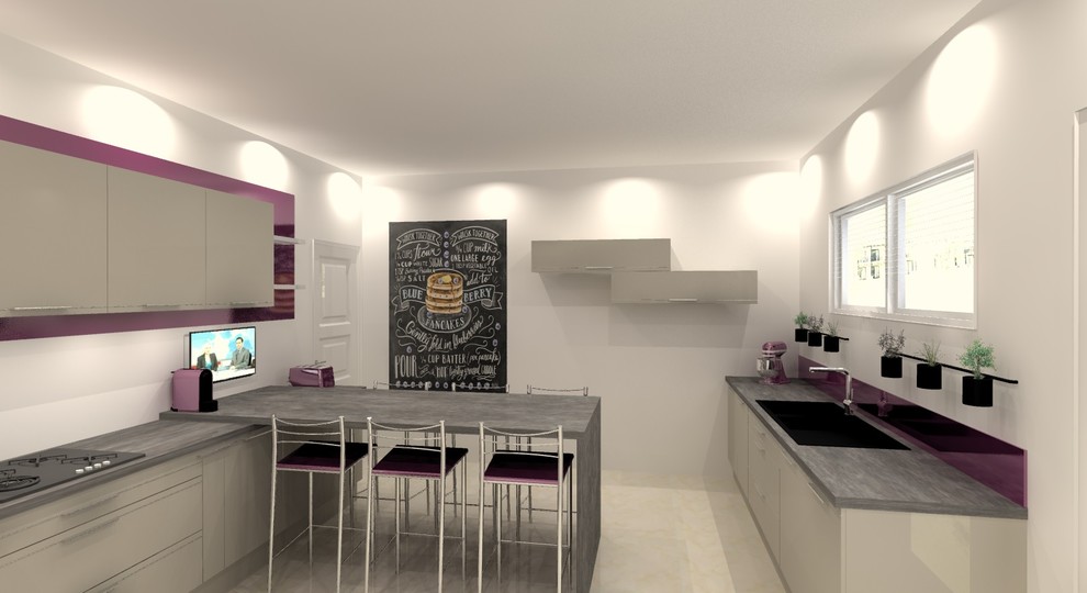 Photo of a large modern u-shaped separate kitchen in Lille with a double-bowl sink, flat-panel cabinets, beige cabinets, laminate benchtops, pink splashback, glass sheet splashback, stainless steel appliances, ceramic floors and no island.