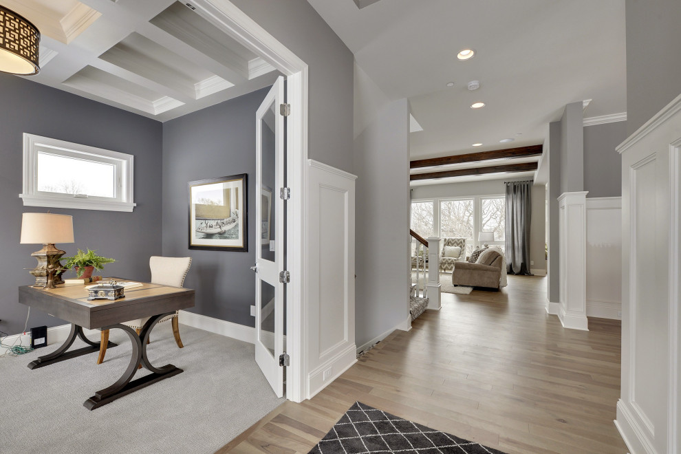 Inspiration for a mid-sized transitional freestanding desk carpeted, gray floor and coffered ceiling study room remodel in Minneapolis with gray walls