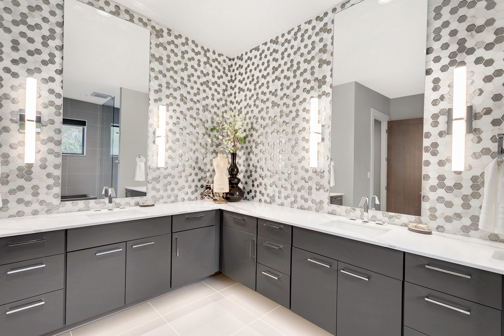 Design ideas for a large contemporary master bathroom in Seattle with flat-panel cabinets, grey cabinets, gray tile, multi-coloured tile, white tile, an undermount sink, engineered quartz benchtops, mosaic tile, multi-coloured walls and white floor.