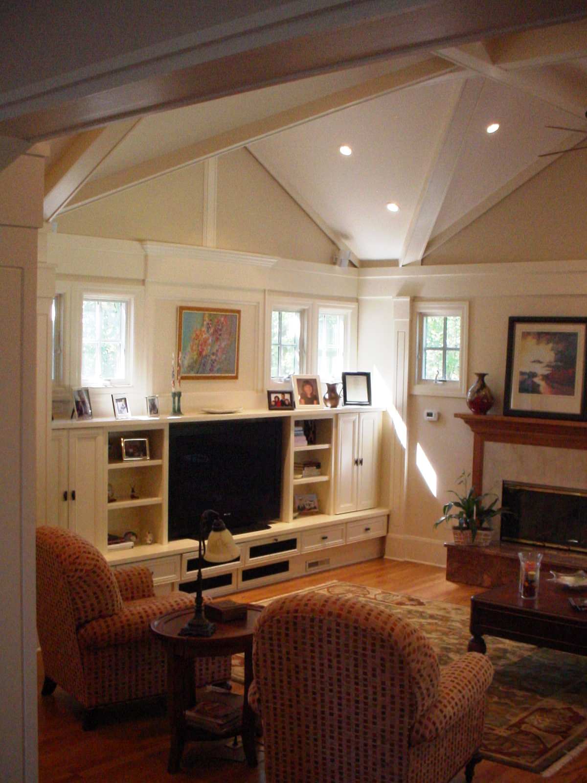 Family Room with Home Theater snd coffered cross axial vaulted ceiling