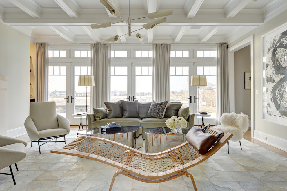 Beach style enclosed living room in New York with beige walls.