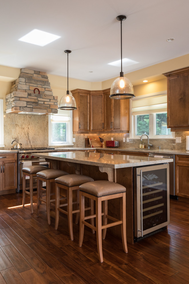 Large transitional u-shaped dark wood floor and brown floor eat-in kitchen photo in Toronto with an undermount sink, recessed-panel cabinets, dark wood cabinets, granite countertops, multicolored backsplash, stone slab backsplash, stainless steel appliances, an island and brown countertops
