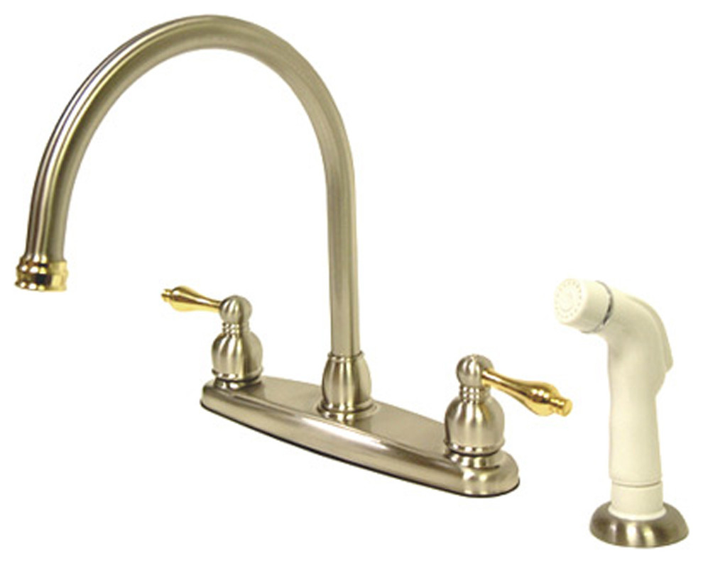 Vintage Double Handle Goose Neck Kitchen Faucet With White Sprayer